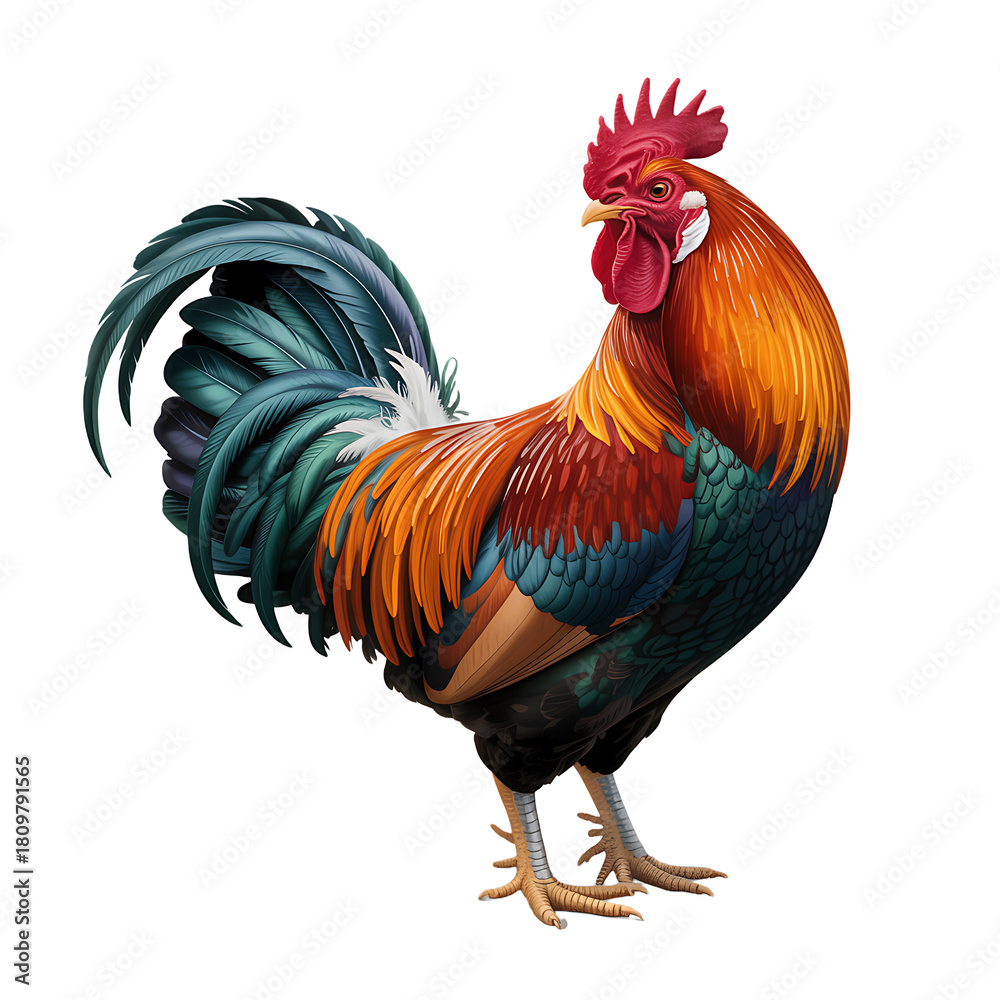 Fototapeta premium A vibrant rooster with colorful plumage stands proudly isolated on transparent background