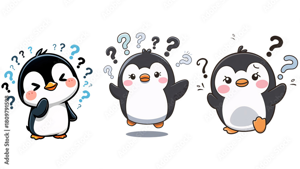 Fototapeta premium Three cute penguins expressing confusion isolated on transparent background