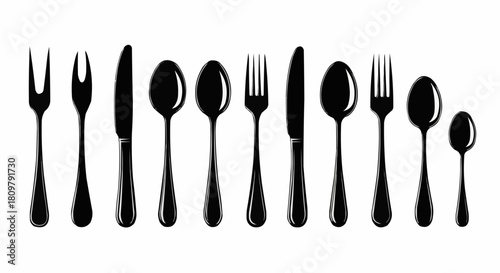 Collection of Black Silhouettes of Various Cutlery Items.
