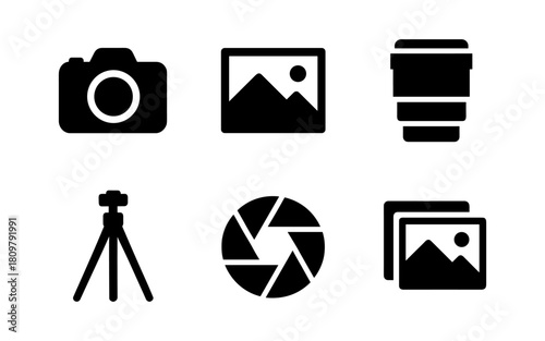 Photography icon set with camera, lens, and tripod symbols in black silhouette style