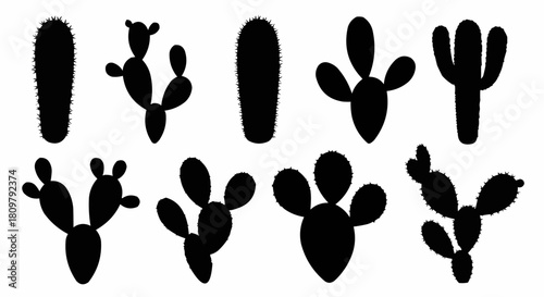 Various black cactus silhouettes set on a white background.