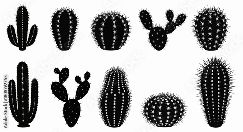 Collection of Diverse Cactus Silhouettes in Various Shapes and Sizes.