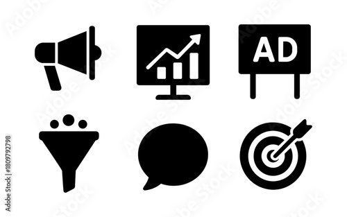 Bold marketing icons set: megaphone, analytics, advertising, funnel, chat, target