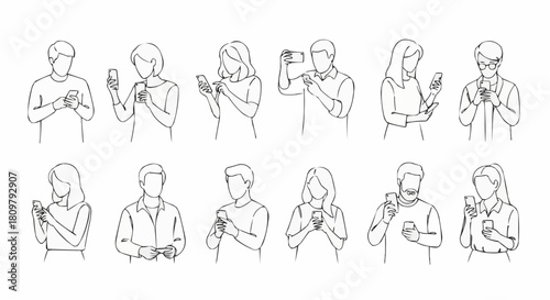 A collection of hand drawn sketches featuring diverse people using their smartphones.