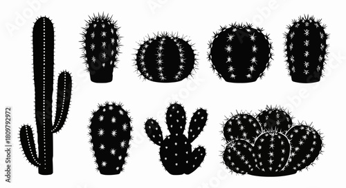 Set of black cactus silhouettes isolated on a white background.