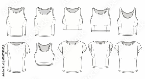Collection of various womens fashion tops, including tank tops, crop tops, and t-shirts, in outline sketches.
