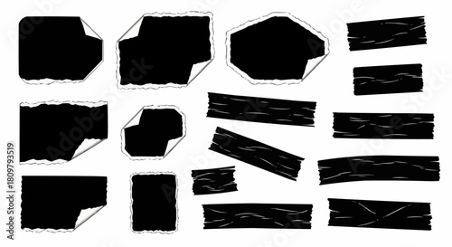 Collection of black ripped paper and tape elements for design.