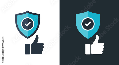 Blue shield with checkmark and thumbs up - Vector icon symbol for website - Icon vector - Blue icon vector - Line and glyph solid icon and logo template