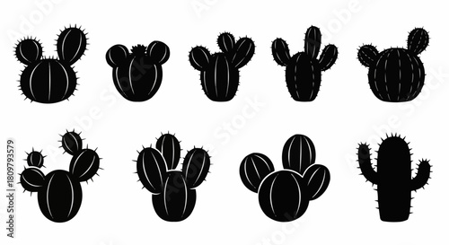 A collection of various black cactus plant silhouettes.