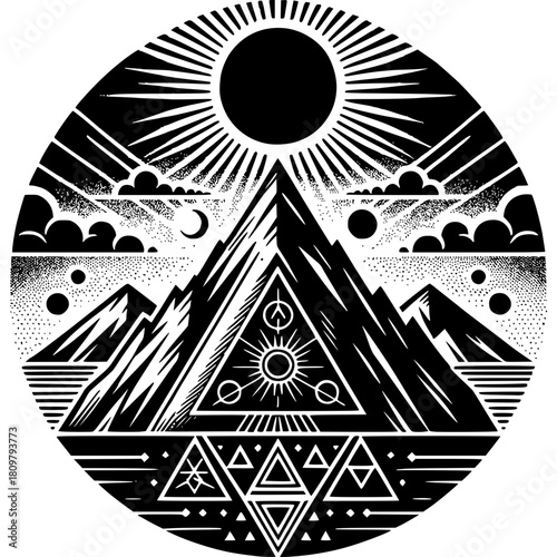 Mystical Mountain Vista: A stylized black and white illustration depicts a serene mountain landscape under a radiant sun, infusing the scene with a sense of wonder and spirituality. 