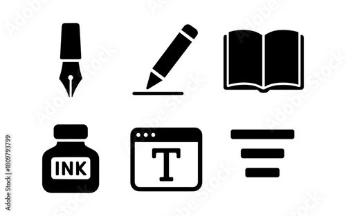 Minimalist writing and typography icons: pen, book, ink, text formatting