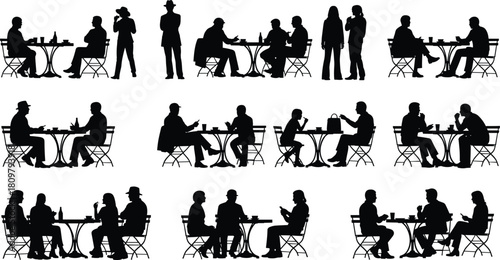 Large set of people sitting at cafe tables silhouettes, men and women dining and talking, restaurant terrace, social meeting vector illustration