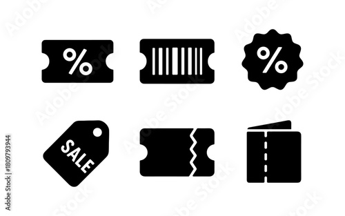Minimalist black ticket icons for discounts and sales