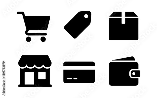 E-commerce icons set in silhouette style featuring shopping cart, tag, box, store, credit card, wallet