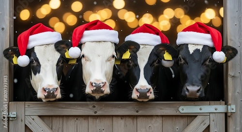 Festive Cows in Santa Hats Peeking Over Barn Door at Christmas.