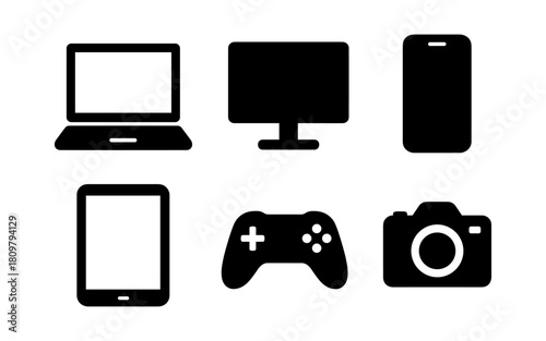 Tech gadget silhouettes featuring laptop, monitor, smartphone, tablet, game controller, and camera