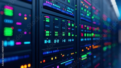 Data center server rack network cable LED light technology for cloud computing cybersecurity storage infrastructure power humming focus blur with