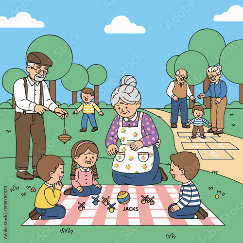 Illustration of a family picnic in a park with grandparents and grandchildren playing games like jacks, hopscotch, and spinning top.