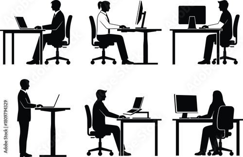 Office worker silhouettes using computers at sitting and standing desks, workplace ergonomics set, business posture vector illustration, employees working, side view