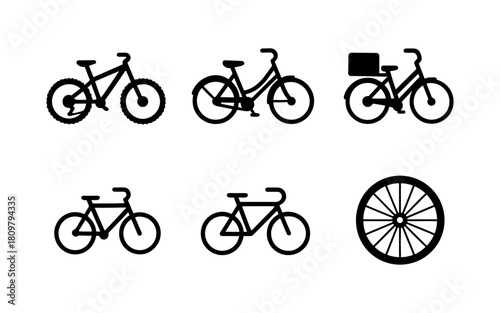 Collection of bicycle silhouettes: mountain, cargo, urban, and wheel design