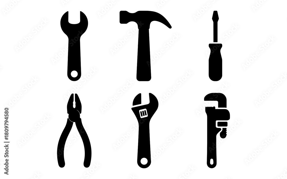 Obraz premium Silhouette tools set: hammer, wrench, screwdriver, pliers, adjustable spanner