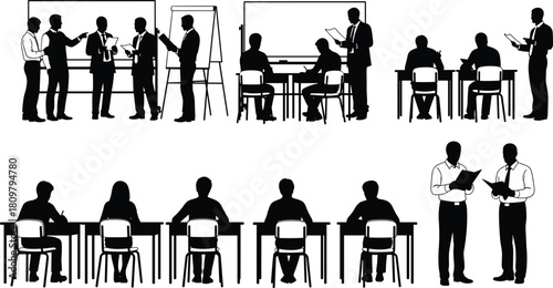 Set of business training silhouettes, people in classroom with whiteboard, students taking exam, corporate workshop, vector illustration collection
