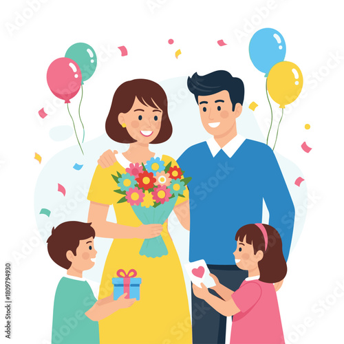 Happy family celebrating with flowers, a gift, card, and balloons, confetti falling around them in a joyful scene.