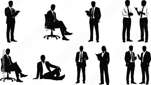 Set of businessman silhouettes in suits, sitting on chair and floor, standing and talking, corporate vector illustration collection, office poses
