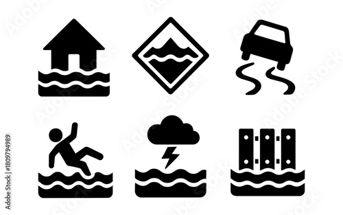 Silhouette flood warning icons: house, car, person, cloud, fence risk graphics