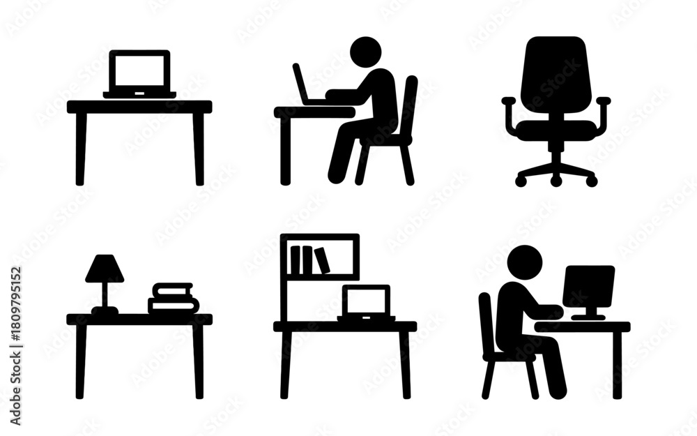 Fototapeta premium Silhouette icons of office workstations and furniture for modern workplace design