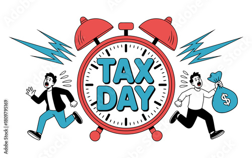 Tax Day Deadline Illustration – Alarm Clock, Running People & Money Bag Cartoon.