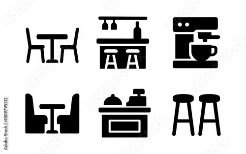 Dining and bar icons set: minimalist black silhouette collection