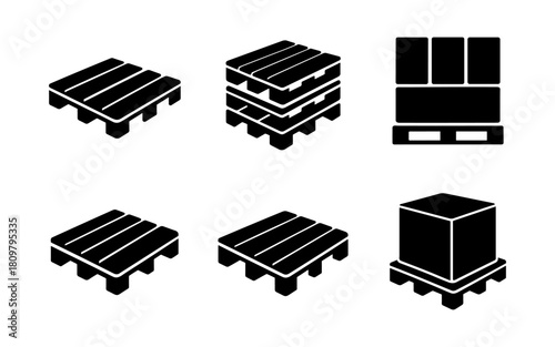 Silhouette set of pallet icons: stacked, single, and loaded variations
