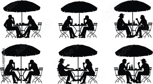 Set of couples sitting at cafe tables under umbrellas, outdoor dining terrace silhouettes, romantic date vector illustration, summer leisure