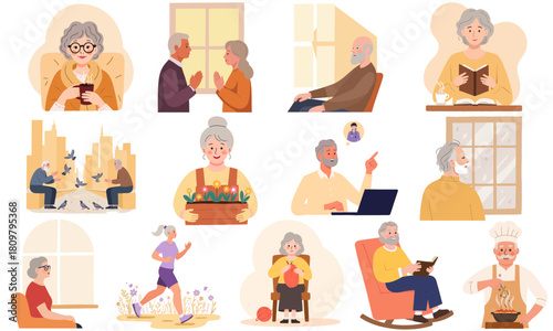 Collection of senior people daily life illustrations, including reading, gardening, cooking, jogging, online communication, self care, reflection and peaceful moments. Elderly set