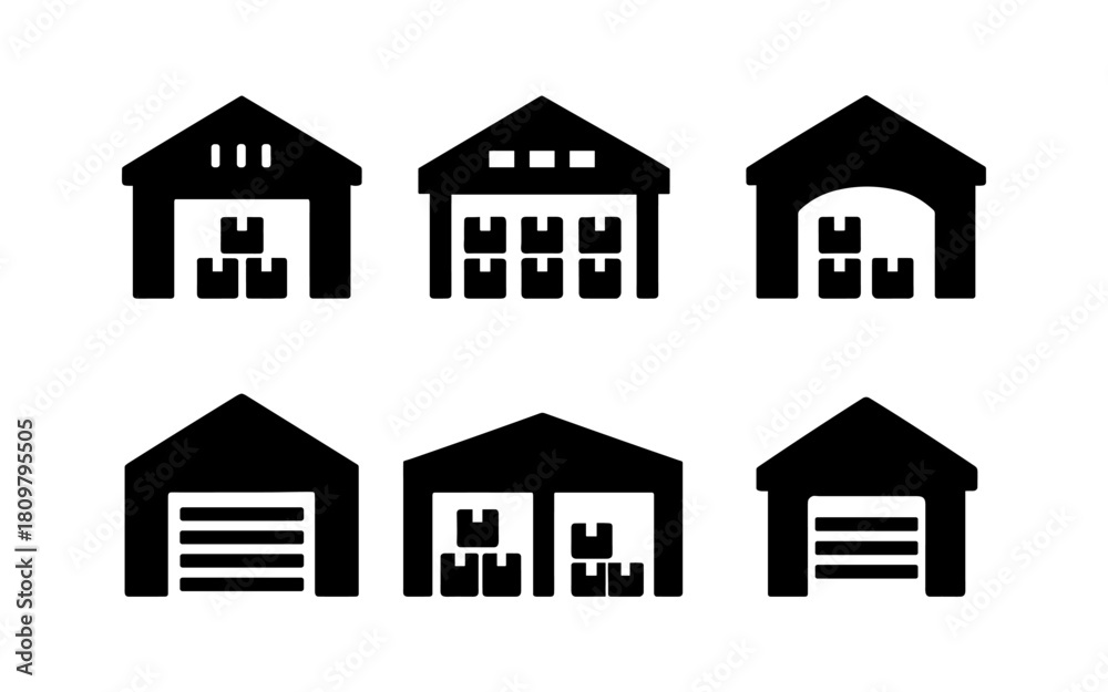Fototapeta premium Warehouse icons set in silhouette style with various storage designs