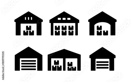 Warehouse icons set in silhouette style with various storage designs