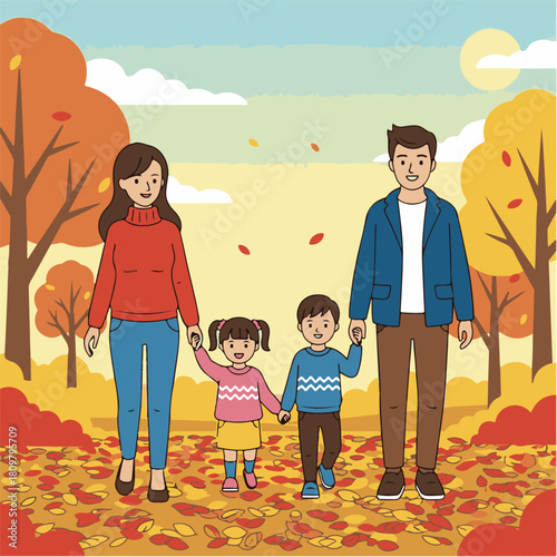 A happy family of four walks hand-in-hand through an autumn park with colorful trees and falling leaves under a bright sky.