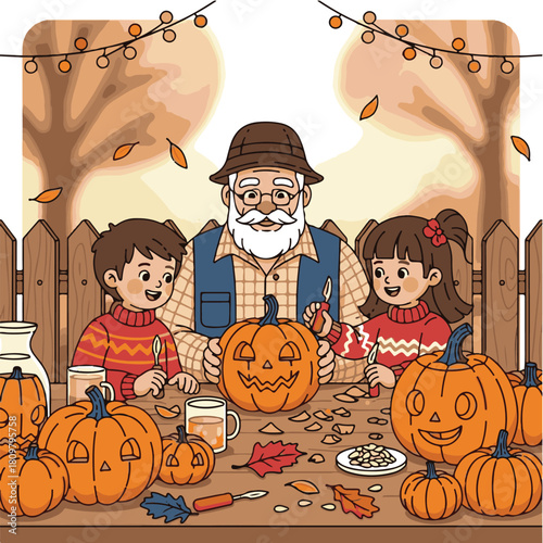Grandfather and grandchildren carving pumpkins together on a wooden table outdoors in the fall, with string lights above.
