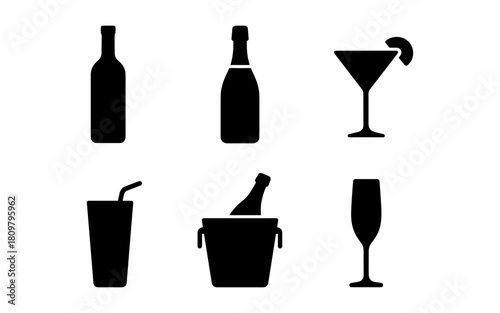 Silhouette icons of wine bottles and cocktails for beverage menu designs