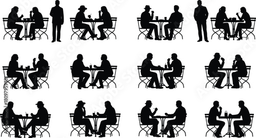 Set of people sitting at cafe tables silhouettes, couples dining and talking with waiter standing, restaurant vector illustration collection