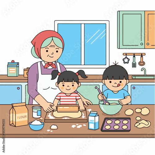 Grandmother and two grandchildren baking together in a bright kitchen, rolling dough and mixing ingredients for cookies.