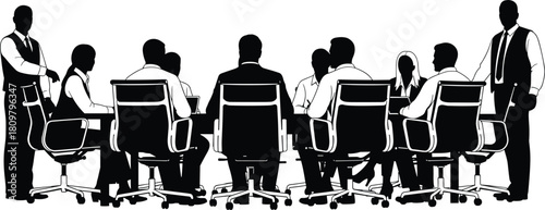 Silhouette of business team meeting at large table, corporate office conference, boardroom discussion with chairs, black vector illustration, isolated.