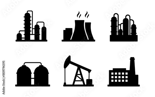 Industrial silhouette icons set featuring oil and energy facilities