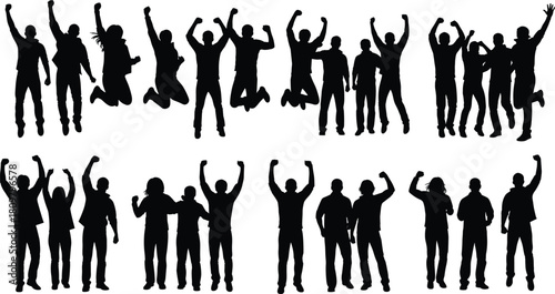 Silhouette set of happy people jumping, celebrating success and victory, energetic group cheering, black vector illustration collection