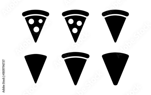 Minimalist black pizza slice icons set with toppings and plain options