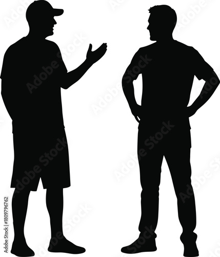 Two men silhouettes talking and standing together, casual outfit with cap and shorts, communication concept, black vector illustration, friends discussion