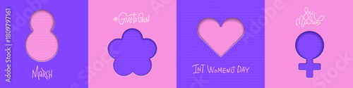 8 March Happy Women's Day minimalistic greeting cards set, social media, website, post, invitation. International Women's Day vector illustration with realistic paper cut layers. GiveToGain