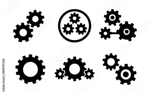 Black silhouette gear icons set for industrial and mechanical designs
