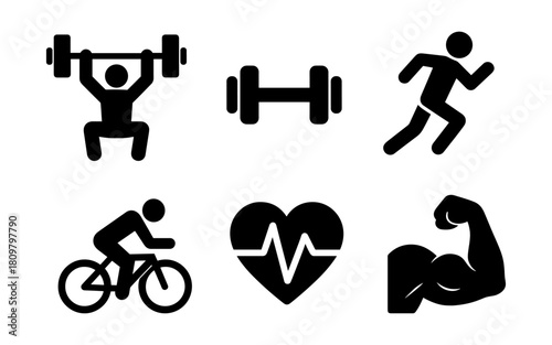 Fitness icons set: silhouette of exercise, cardio, and strength elements